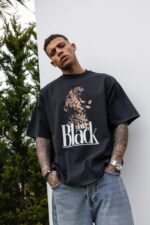 Мужская Хлопковая Черная Футболка Свободного Кроя с Принтом Гепард