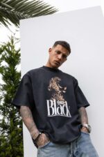 Мужская Хлопковая Черная Футболка Свободного Кроя с Принтом Гепард