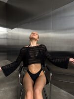Женский Раздельный Черный Купальник Тройка с Ажурной Накидкой