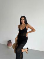 Женское Длинное Силуэтное Ажурное Черное Платье Паутинка на Бретелях