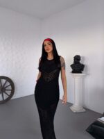 Женское Мягкое Силуэтное Черное Платье с Ажурными Вставками Паутинка