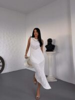 Женское Мягкое Силуэтное Белое Платье с Ажурными Вставками Паутинка