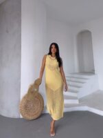 Женское Мягкое Силуэтное Желтое Платье с Ажурными Вставками Паутинка