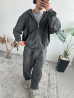 Мужской Графитовый Спортивный Костюм Варенка Оверсайз на Молнии - Зип Худи + Широкие Штаны