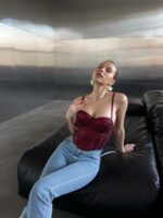 Женский Бордовый Топ Корсет на Бретелях с Пайетками