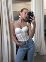 Женский Белый Топ Корсет на Бретелях с Пайетками