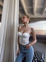 Женский Белый Топ Корсет на Бретелях с Пайетками