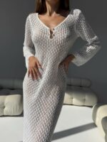 Женское Белое Ажурное Пляжное Платье с Вырезом на Спине