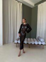 Женское Черное Пляжное Платье Сетка с Вырезом на Спине