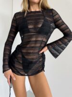 Женский Раздельный Черный Купальник Тройка с Ажурной Туникой