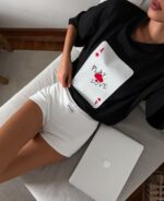 Женская Объемная Черная Футболка Оверсайз с Принтом Игровая Карта Туз