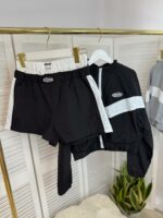 Женский Черный Спортивный Костюм Плащевка - Олимпийка на Молнии + Шорты с Лампасами