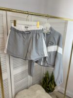 Женский Серый Спортивный Костюм Плащевка - Олимпийка на Молнии + Шорты с Лампасами