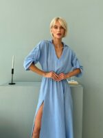 Женское Льняное Голубое Платье Джанси - Длинное Макси с Резинкой на Талии и Разрезами на Ногах