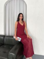 Женское Вязаное Ажурное Бордовое Платье Миди - Полупрозрачное с Подкладом