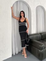Женское Вязаное Ажурное Черное Платье Миди с Подкладом и Вырезами на Спине и Декольте