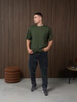 Мужская Базовая Хлопковая Футболка Хаки Свободного Кроя