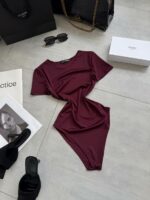 Женское Базовое Бордовое Боди с Короткими Рукавами и Круглым Вырезом
