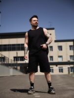 Мужской Летний Черный Костюм Стеганый Свободного Кроя - Майка + Шорты
