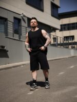 Мужской Летний Черный Костюм Стеганый Свободного Кроя - Майка + Шорты
