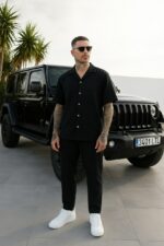 Мужской Черный Летний Костюм Лен - Рубашка с Коротким Рукавом + Штаны