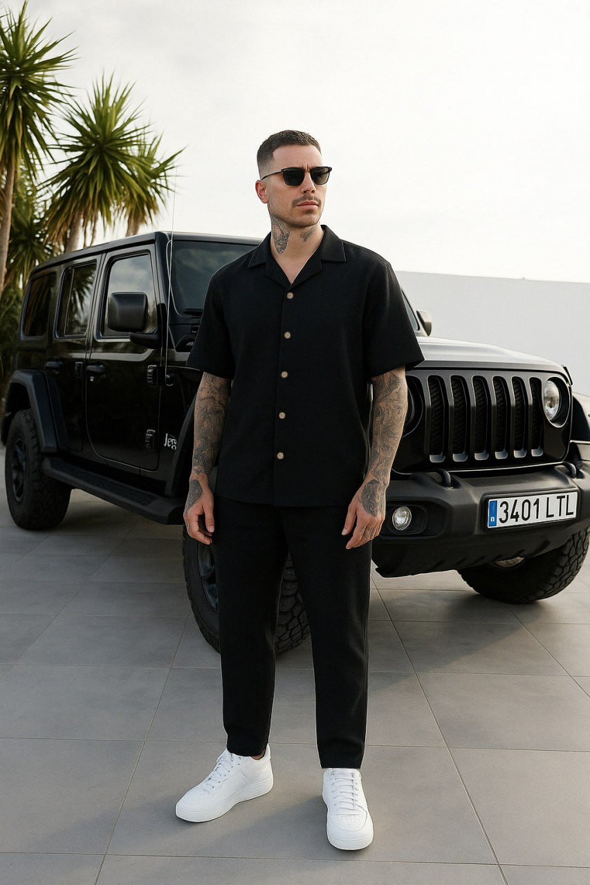 photo_2025-05-17_11-50-33 Мужской Черный Летний Костюм Лен - Рубашка с Коротким Рукавом + Штаны