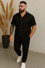 Мужской Черный Летний Костюм Лен - Рубашка с Коротким Рукавом + Штаны