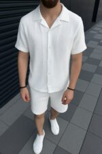 Мужской Белый Легкий Летний Костюм Муслин - Рубашка с Коротким Рукавом + Шорты