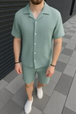 Мужской Мятный Легкий Летний Костюм Муслин - Рубашка с Коротким Рукавом + Шорты