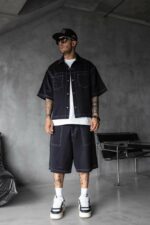 Мужской Черный Летний Костюм Оверсай с Контрастными Белыми Швами (Рубашка + Шорты)