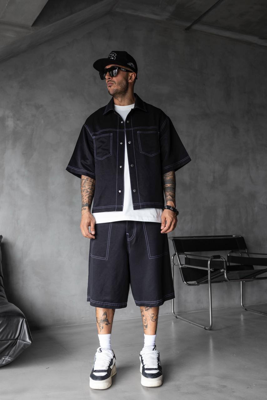 photo_2025-05-17_12-58-03 Мужской Черный Летний Костюм Оверсай с Контрастными Белыми Швами (Рубашка + Шорты)
