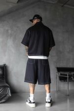 Мужской Черный Летний Костюм Оверсай с Контрастными Белыми Швами (Рубашка + Шорты)