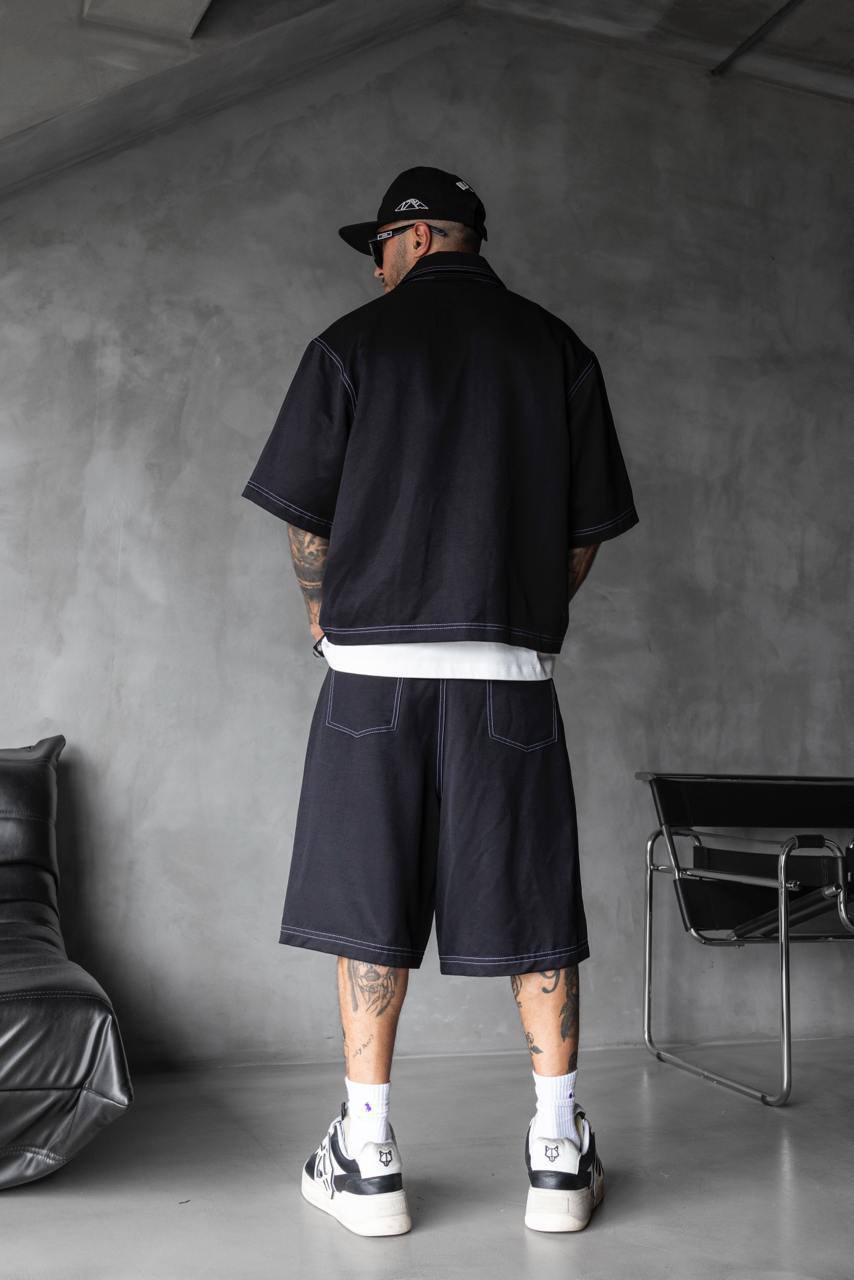 photo_2025-05-17_12-58-05 Мужской Черный Летний Костюм Оверсай с Контрастными Белыми Швами (Рубашка + Шорты)