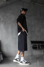 Мужской Черный Летний Костюм Оверсай с Контрастными Белыми Швами (Рубашка + Шорты)