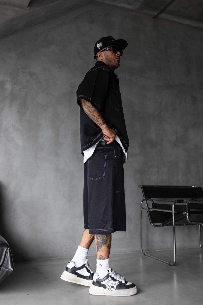 photo_2025-05-17_12-58-07 Мужской Черный Летний Костюм Оверсай с Контрастными Белыми Швами (Рубашка + Шорты)