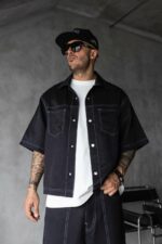 Мужской Черный Летний Костюм Оверсай с Контрастными Белыми Швами (Рубашка + Шорты)