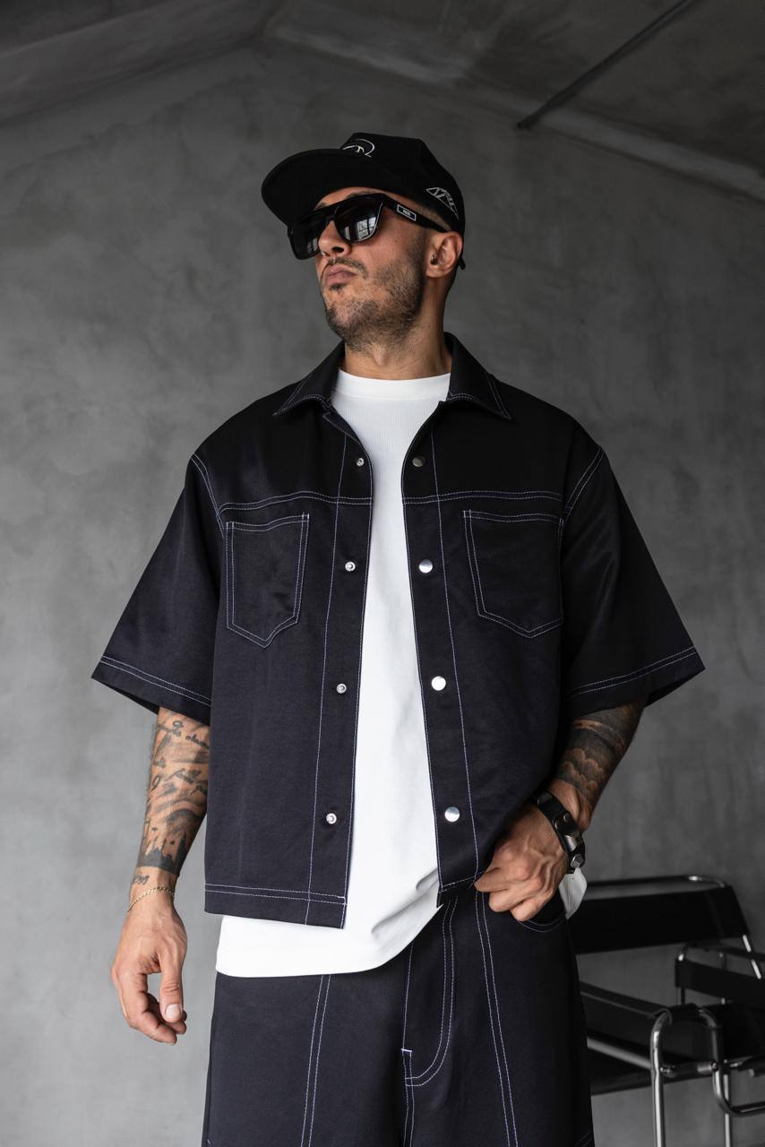 photo_2025-05-17_12-58-09 Мужской Черный Летний Костюм Оверсай с Контрастными Белыми Швами (Рубашка + Шорты)