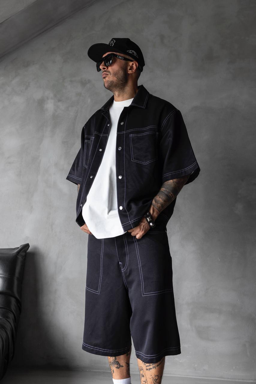 photo_2025-05-17_12-58-12 Мужской Черный Летний Костюм Оверсай с Контрастными Белыми Швами (Рубашка + Шорты)