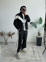 Мужской Черный Спортивный Костюм Плащевка на Молнии и Зятяжках - Свободного Кроя с Белыми Лампасами