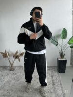 Мужской Черный Спортивный Костюм Плащевка на Молнии и Зятяжках - Свободного Кроя с Белыми Лампасами