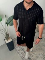 Мужской Летний Ажурный Черный Костюм с Перфорацией - Комплект Футболка Шорты