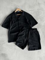 Мужской Черный Летний Костюм с Узором - Трикотажный Комплект Рубашка Шорты