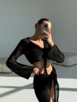 Женский Летний Пляжный Вязаный Черный Костюм Сеточка на Завязках (Топ + Юбка)