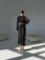 Женский Летний Пляжный Вязаный Черный Костюм Сеточка на Завязках (Топ + Юбка)