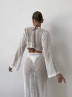 Женский Летний Пляжный Вязаный Белый Костюм Сеточка на Завязках (Топ + Юбка)