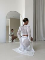 Женский Летний Пляжный Вязаный Белый Костюм Сеточка на Завязках (Топ + Юбка)