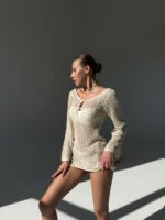 Женское Пляжное Бежевое Платье Туника Мини - Вязаное Ажурное с Открытой Спиной и Вырезами на Декольте