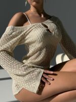 Женское Пляжное Бежевое Платье Туника Мини - Вязаное Ажурное с Открытой Спиной и Вырезами на Декольте