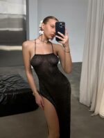 Женское Длинное Полупрозрачное Черное Пляжное Платье Миди с Открытой Спиной и Разрезом