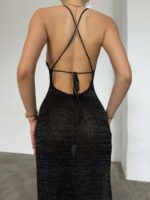 Женское Длинное Полупрозрачное Черное Пляжное Платье Миди с Открытой Спиной и Разрезом